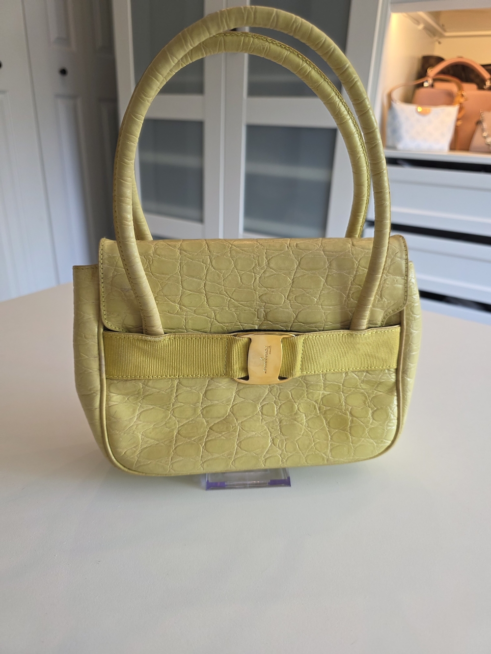 Salvatore Ferragamo Yellow Vara Bow Croc-Embossed Leather Top-Handle Bag